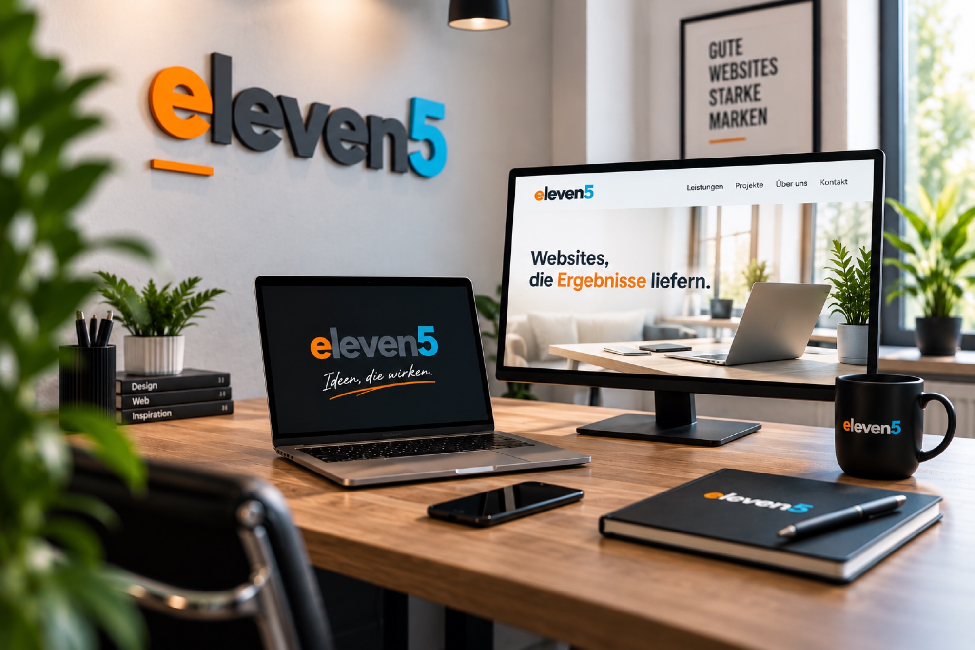 eleven5 Arbeitsplatz mit Monitor, Laptop und Logo